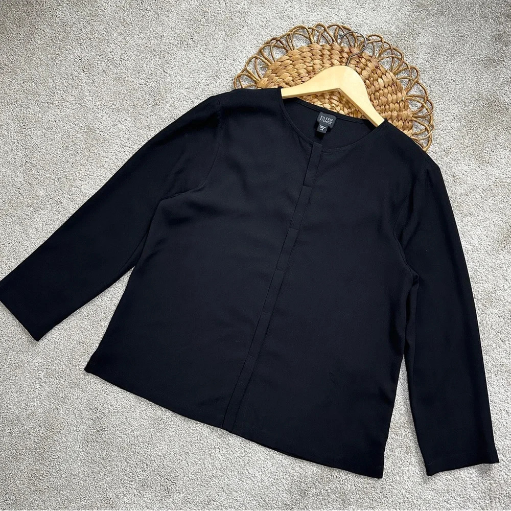 Eileen Fisher Georgette 100% Silk Black Long Sleeve Crepe Casual Blouse Size XS